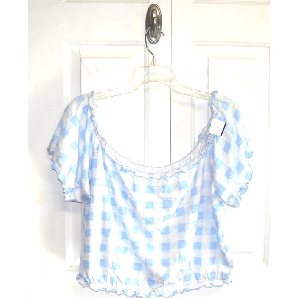 Arizona Jean Co. Women's Lettuce Edge Crop Cotton Gingham Top in Blue/White 2XL - Picture 2 of 8